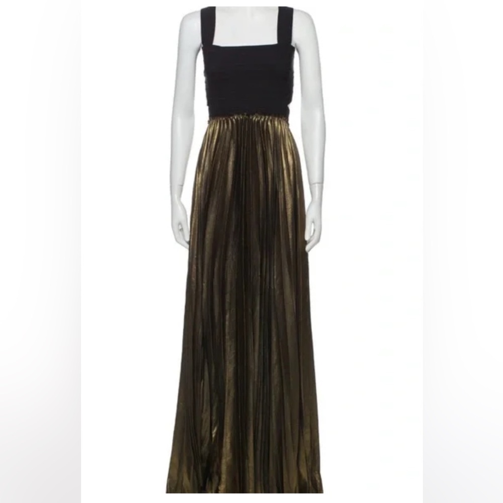 ALC Gold black Pleated Maxi Skirt Olivia Square Neck Gown Dress stretch medium